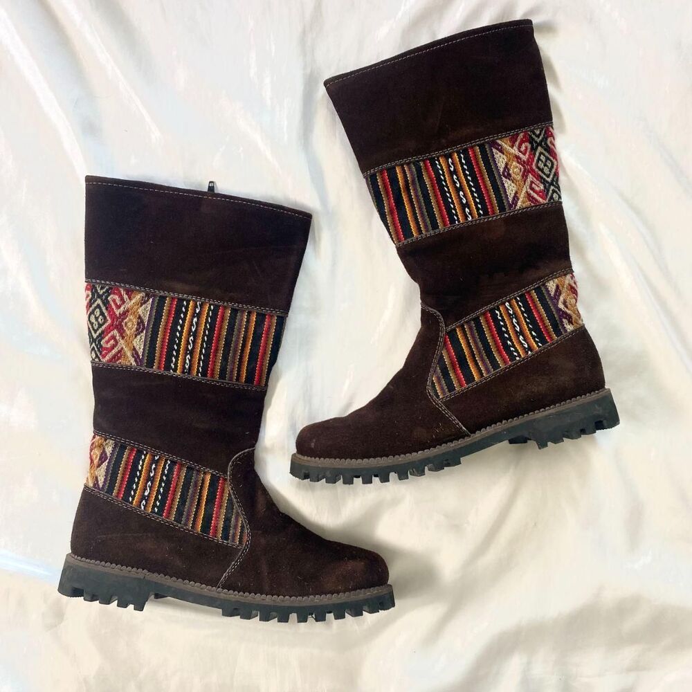 Vintage Brown Suede Southwestern Woven Textile Boots Artisan Boho Festival 8.5
